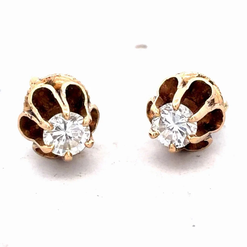 Vintage Estate 14K Yellow Gold Round Diamond Buttercup Screw Back Stud Earrings